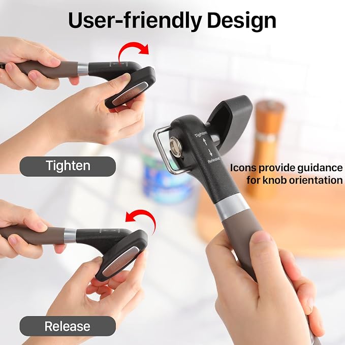 Beneno Can Opener, Manual Side Safe Cut Can Opener Smooth Edge, Brown | Durable Sharp DC53 Steel Cutting Blade, Clean Cut with no Sharp Can Edges, Big Effort-Saving Knob, Comfortable Non-Slip Grip