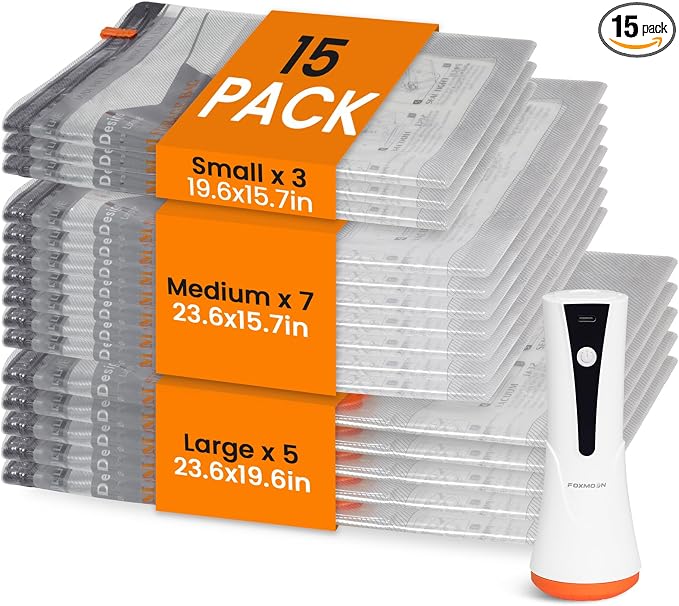 Vacuum Seal Bags for Clothing Travel with Rechargeable Cordless Pump, 15 Pack Compression Space Saver Bags for Packing, Luggage and Seasonal Storage