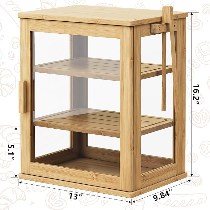 WOWLIVE Bread Box for Kitchen Countertop, 3 Layers Bread Storage Container | Large Bamboo Bread Bin for Homemade Bread with Window, Farmhouse Breadbox Organizer for Kitchen, Cabinet, Natural, Meduim