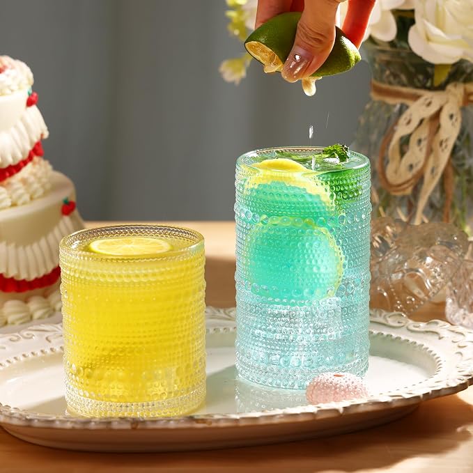 Moretoes 2pcs Hobnail Drinking Glasses,Vintage Glass Cups Set | 12 Oz Highball Glasses & 10 Oz Cocktail Glasses, Clear Embossed Tumbler Glassware Set for Whiskey, Beer, Juice, Milk