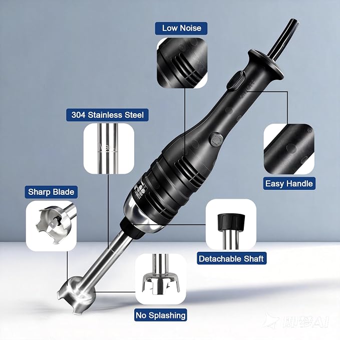 VONCI 280W Handheld Immersion Blender, With 9.5 inch Detachable Shaft | Variable Speed 6000-20000RPM, Up to 8 gal / 2.1 L, Light Duty, Stainless Steel, Ideal for Light Dressings