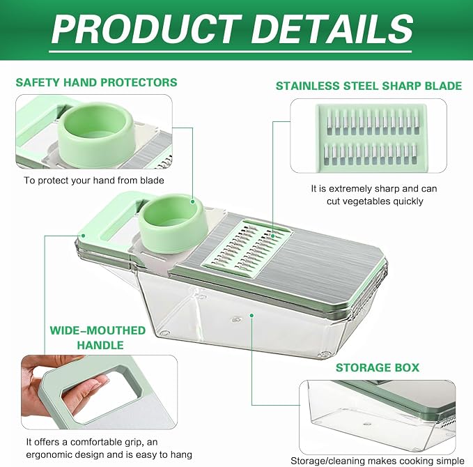 Mandoline Slicer, Vegetable Cutter with 3 Stainless Steel Blades | Hand Guard Veggie Chopper with Container & Lid, Multifunctional Kitchen Dicer for Onion, Potato, Carrot & Fruit