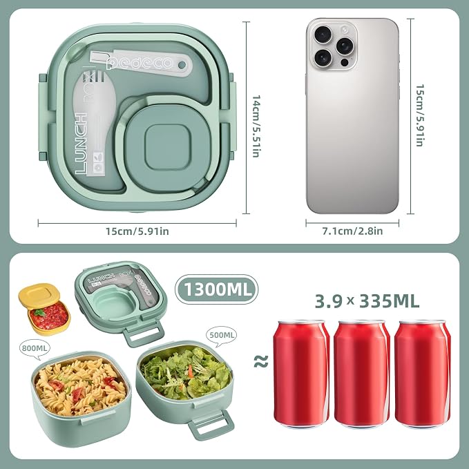 Double-Layer Bento Lunch Box for Kids & Adults with Removable Stainless Steel Dividers,Dressing Container,BPA-Free,Dishwasher Safe - Includes Utensil,(Green,Non-Insulated)