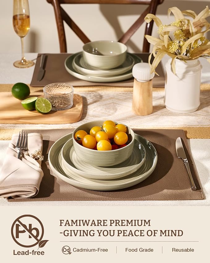 Stoneware Dinnerware Set for 6, White Honey Plates & Bowls | 18-Piece Ceramic Speckled Spiral Dishes, Chip & Scratch Resistant, Microwave & Dishwasher Safe, Everyday Use, Farmhouse Style