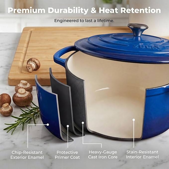 Zulay Kitchen 7.7 Quart Enameled Cast Iron Dutch Oven Pot with Lid – Premium Durability & Oven Safe up to 500°F – Heavy Duty Cookware Perfect for Bread Baking, Stews, Braising & Roasting – Blue