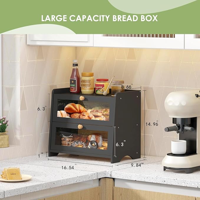 Double Layer Bread Box Container for Kitchen Countertop Homemade Bread | Large Breadbox Storage Wooden Farmhouse Bread Holder (Black, Large-16.54" L x 9.84" W x 14.96" H)