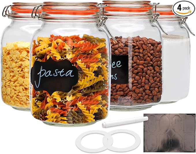 50 oz Glass Jars with Airtight Clamp Lids, 4 Pack | Square Pickling Jars, Heavy-Duty Glass Storage Containers for Food Storage, Kitchen, Pantry, Sugar, Flour, Cereal