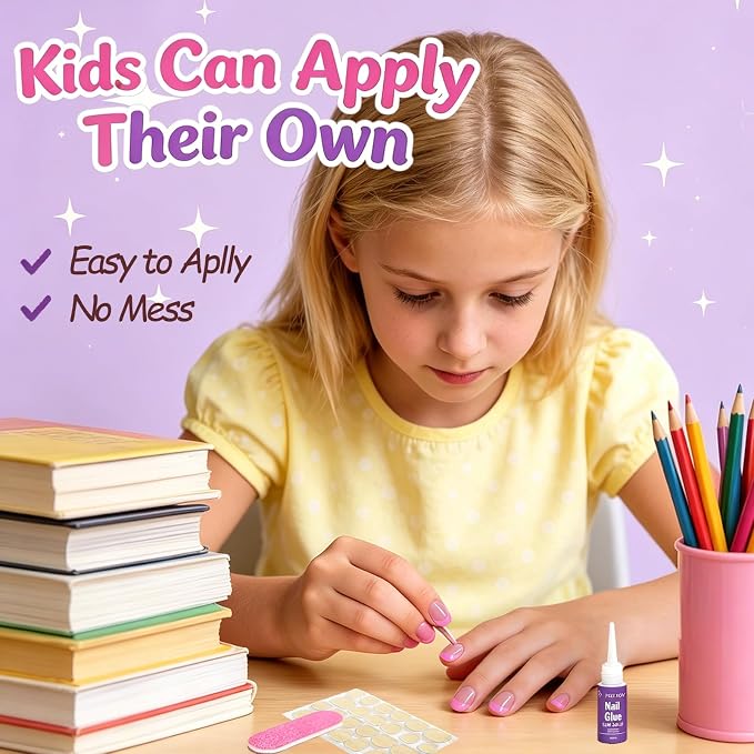 120Pcs Pink French Tip Press On Nails for Kids, 5 Pack Almond False Nails | Kids Press on Nails for 8-12, Non-Toxic, 12 Size, Fashion Nail Kit with Adhesive Tabs, Nail File, for Every Outfit