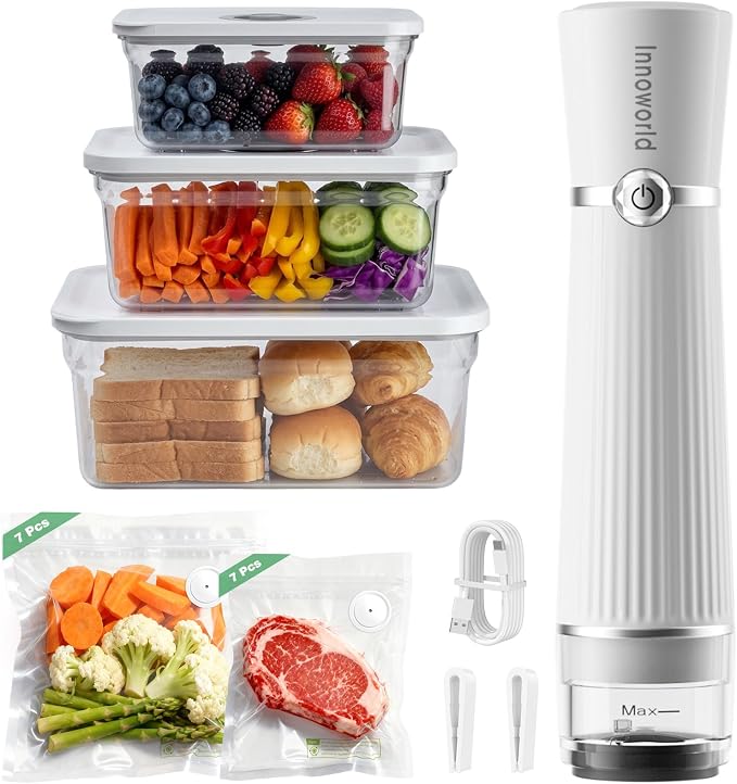 Compact Vacuum Sealer with 3 Vacuum Containers and 14 Reusable Vacuum Bags | Powerful 60 kPa Suction, 6X Preservation & Fresh, Visible Water Tank, Ideal for Meal Prep, Durable Polycarbonate Containers