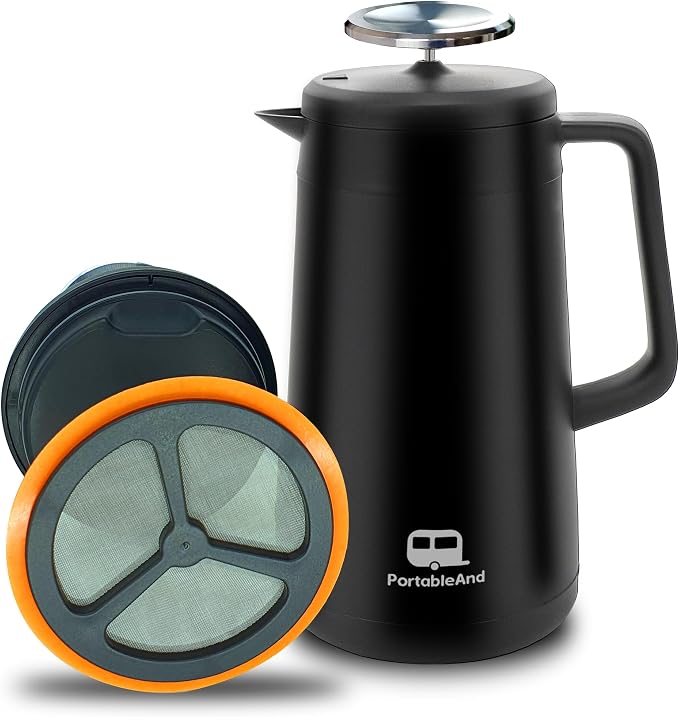 PortableAnd 34oz Double Vacuum Insulation Large Silicone French Press Coffee Maker with Silicone Ring, Stainless Steel, Perfect for Camping, Travel, and At-Home Use (Matte Black)