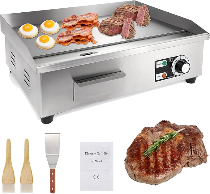 IRONWALLS Commercial Electric Griddle 22”, 3000W Electric Flat Top Griddle Grill Indoor, 122~572℉ Adjustable Temperature Control, Non-stick Stainless Steel Grill for Restaurant, Fits for 20-Amp Outlet | 122~572℉ Adjustable Temperature Control, Non-stic...