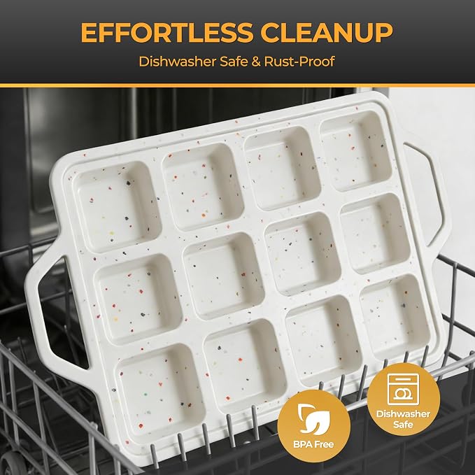 Silicone Mini Loaf Pan 2 Pack with Reinforced Metal Frame 12-Cavity | Non-Stick Baking Mold for Banana Bread, Cornbread & Keto Snacks - Easy Release & Dishwasher Safe, Cream with Color Dots