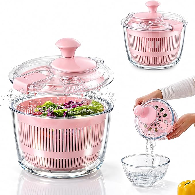 Glass Salad Spinner 3.2 Qt, Small Salad Spinner, Glass Bowl, Pink | Removable Lid, Storage Lid, Dishwasher-Safe Glass Bowl, Fruit & Vegetable Washer Dryer, Drain Spout, Crank Handle