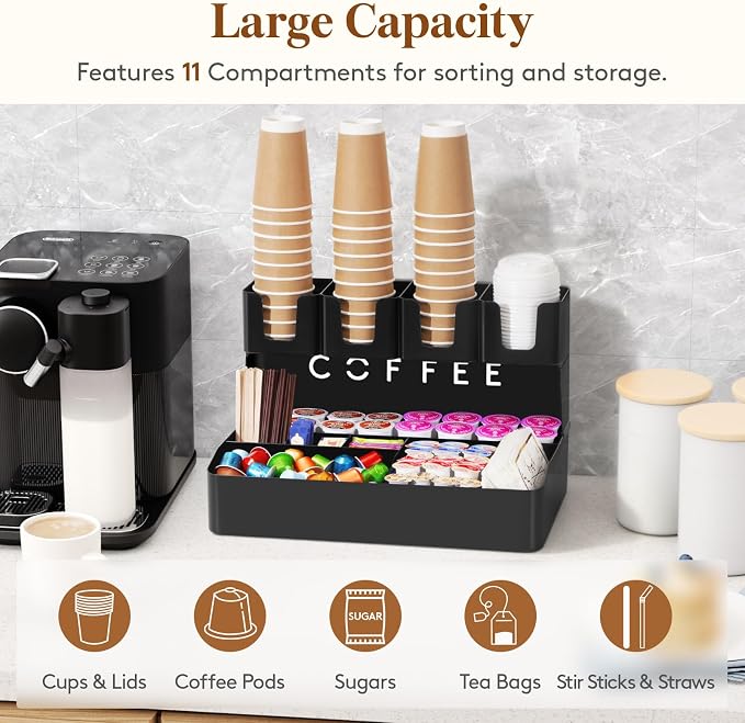 Lifewit 2-tier Coffee Station Organizer, 11 Compartments, Black, Plastic | Countertop Coffee Bar Organizers for Cups, Pods, Sugar, Condiment Holders Storage for Office Breakroom Kitchen Home