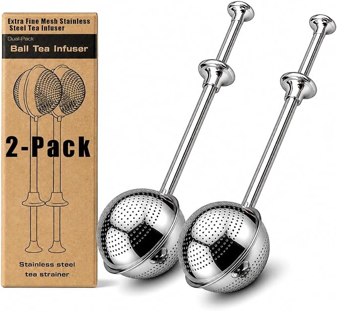 2-Pack Long-Handled Tea Strainer for Loose Tea, Extra Fine Mesh Stainless Steel Tea Infuser, Push-Style Loose Leaf Tea Steeper, Easy Clean Loose Tea Filter