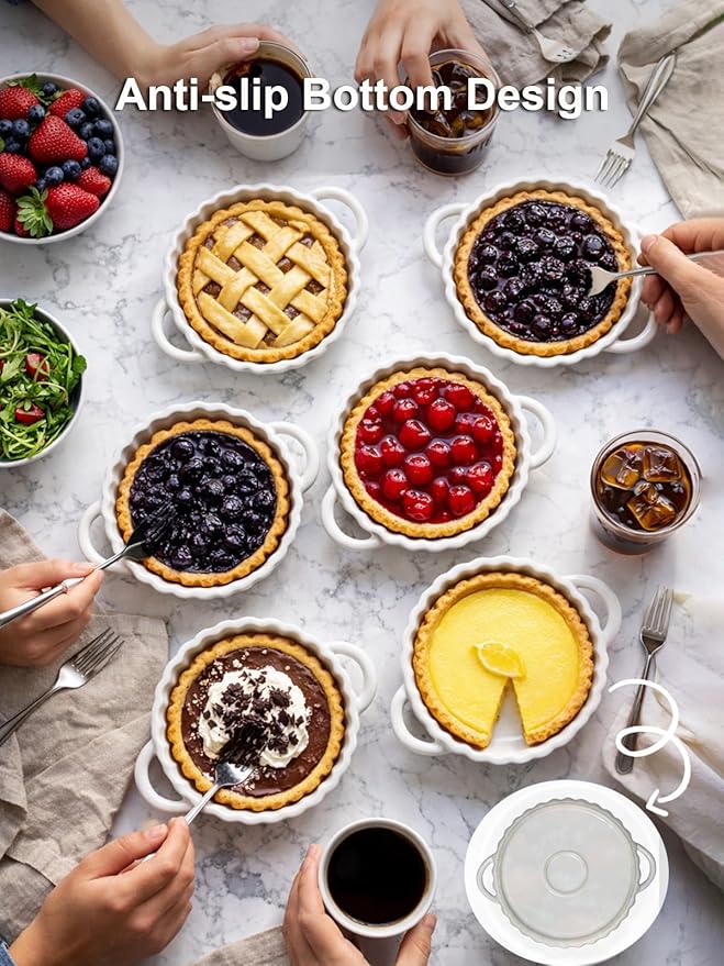 5in Ceramic Mini Pie Pan Set of 6 with Handles for Pie Quiche Tart. Easy to grip, Lead-Free. 8 oz Ramekins Dish for Creme Brulee, Soufflés; Gifts for Baking Enthusiast. Oven Dishwasher Safe