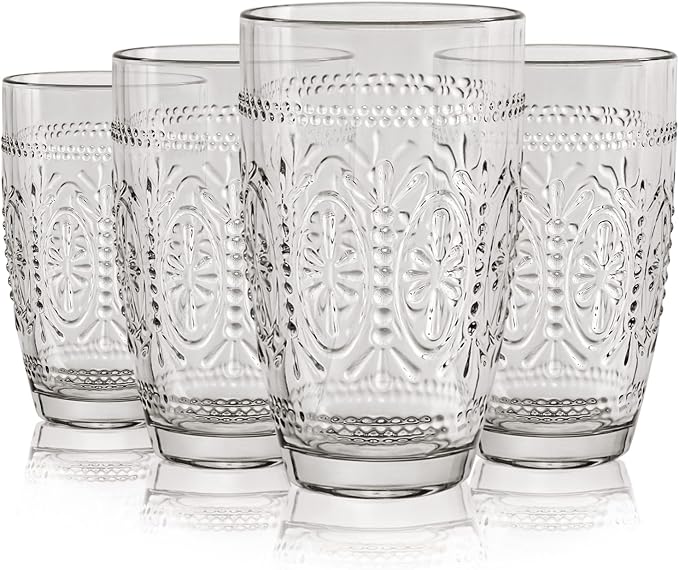 Colored Vintage Drinking Glasses Set of 4, 15.5 oz Romantic Embossed Water Glasses, Colored Tumblers Tempered Glass for Juice, Beverages, Beer, Cocktail (Gray)