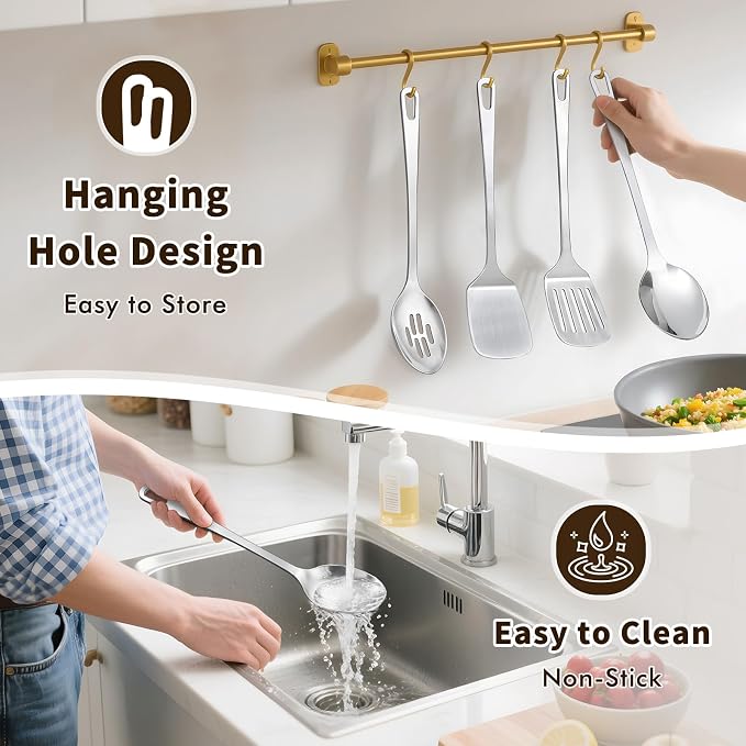 4 Pcs Cooking Utensils Set, Stainless Steel Kitchen Utensils, Heat Resistant Metal Kitchen Tools Include Slotted Turner Wok Spatula, Solid & Slotted Serving Spoon, Ladle, Easy to Clean, Silver