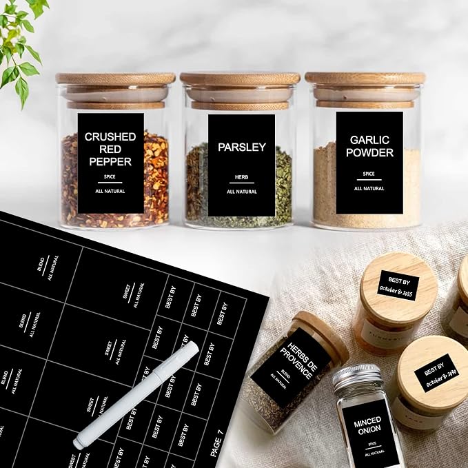 GPOVVIMX 191 Spice Jar Labels Preprinted Minimalist Stickers - Matte Black Waterproof Label - Fit Round or Rectangle Spice Jars - Herb Seasoning Kitchen Pantry Labels