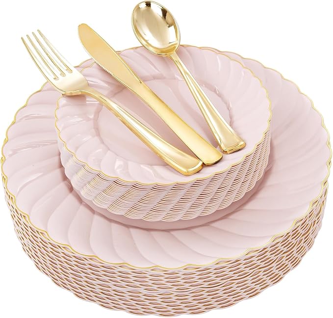 YOUBET 125PCS Pink Plastic Plates with Gold Rim for Wedding Birthday Party | Scalloped Plastic Plates Set Includes 25 Dinner Plate, 25 Dessert Plate, 75 Gold Silverware for 25 Guests Baby Shower