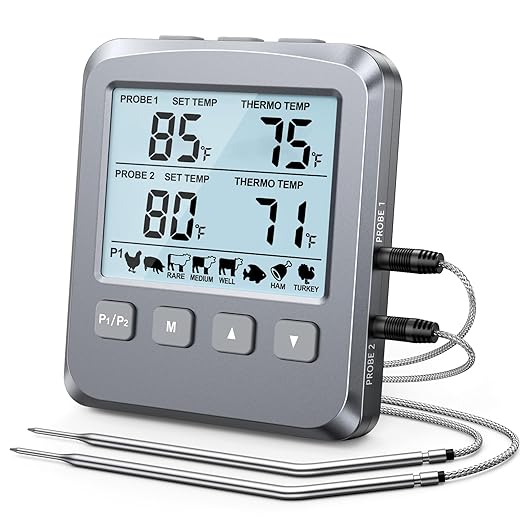 Dual Probe Meat Thermometer Digital for Cooking, Grilling & Smoking | Large LCD Backlight & Alarm, Kitchen Food Grill Thermometer, Smoker Accessories for BBQ Oven Oil Fry, Gifts for Men Dad