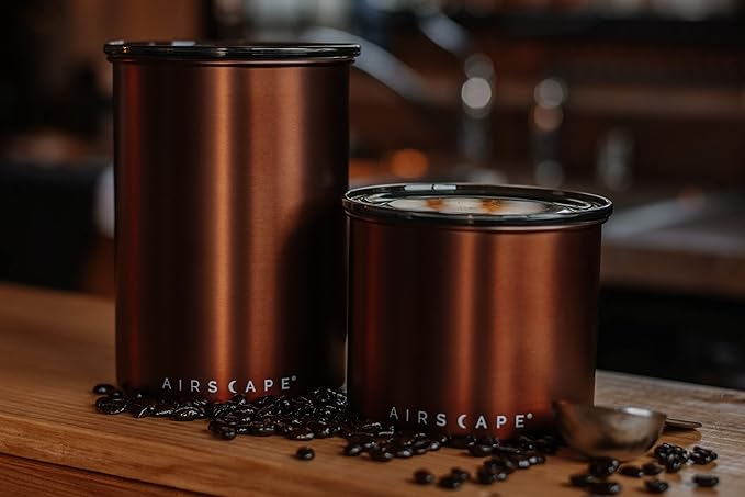 Planetary Design Airscape Stainless Steel Coffee Canister | Food Storage | Food Storage Container | US Patented Airtight Lid | Push Out Excess Air Preserve Food Freshness (Small, Brushed Copper)
