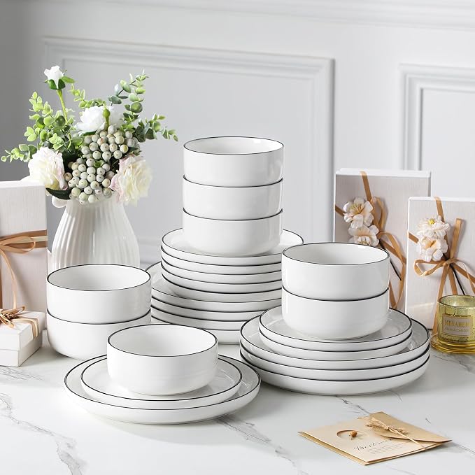 MALACASA Plates and Bowls Sets, 24 Pieces Modern Porcelain Dinnerware Set for 8 White Kitchen Dinner Dining Ware Set wtih Black Rim Ceramic Dishware Dishes Microwave and Dishwasher Safe, Series LUNA | Modern Ceramic Dishware Set,Kitchen Dining Ware,Mic...