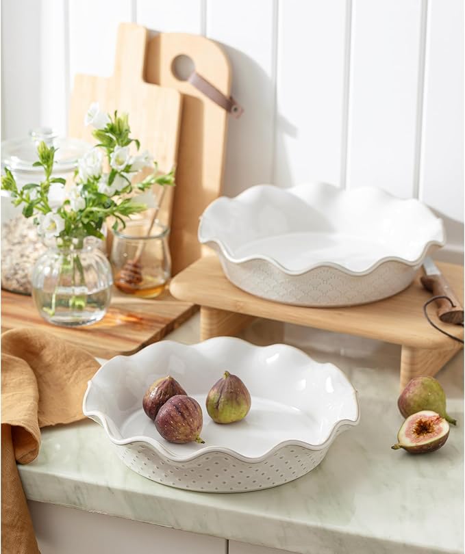 Ceramic Deep Pie Pan for Baking, 11 inch Porcelain Pie Plate for Apple Pie, Oven & Dishwasher Safe, Farmhouse Decor, 48 Ounce Deep Plate for Kitchen, Non-Stick Pie Dish, Embossed Diamond