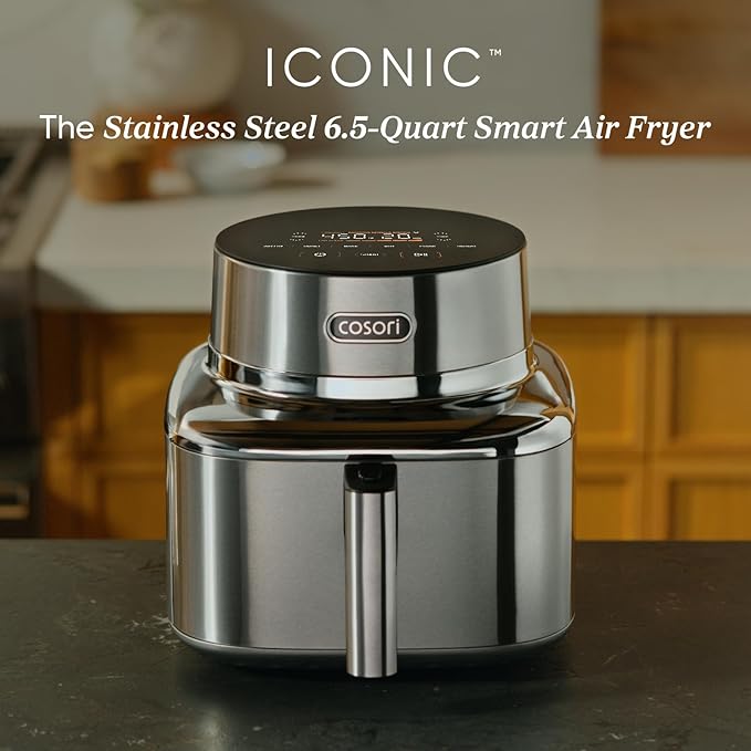 Cosori Iconic Stainless Steel Air Fryer, 6.5Qt, PFAS Free Ceramic Coating | Smart Control, Sleek Stainless Steel Structure, 5 Fan Speeds, Air Fry, Roast, Bake, Dry, Proof, Reheat, Chef-Crafed Recipes