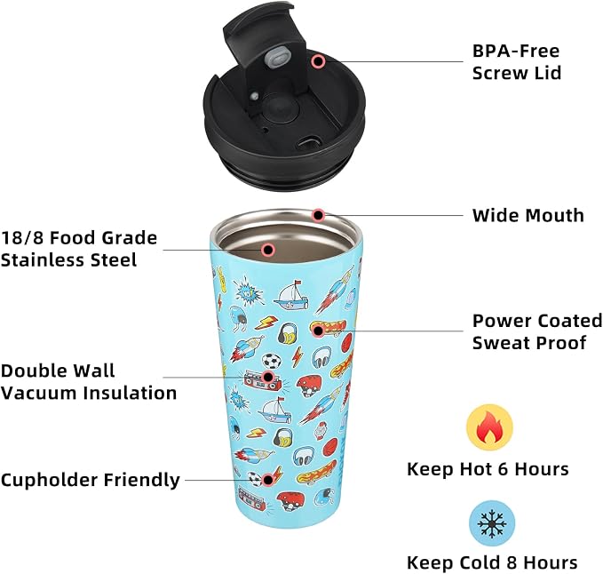 BJPKPK 22 oz Coffee Tumbler with Straw, Insulated Stainless Steel Cup | Double Wall Vacuum, Leak Proof Lid, Keeps Hot/Cold/Iced, BPA Free, Cupholder Friendly, Travel, Playground