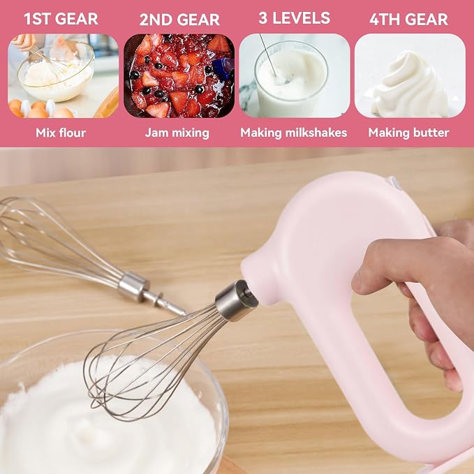 4 Speed Electric Hand Mixer, Mini 4 Speed Adjustable Cordless USB Rechargeable Electric Whisk Hand Mixer Portable Handheld Mixer 1500mAh Egg Beater (Pink)