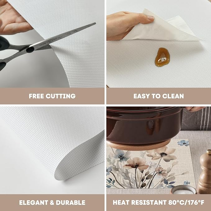 Artoid Mode Brown Poppy Floral Vinyl Spring Placemats Set of 6, Wipeable Plastic Woven PVC Table Mats for Party Kitchen Dining Decor, 12x18 Inch