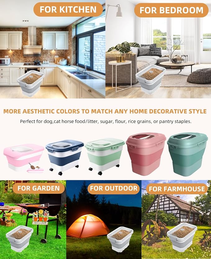 10-13Lbs Airtight Dog Food Storage Container,Collapsible Dog Food Container | Clear Pet Food Storage Container with Double Airtight Seal for Freshness,Cat Food Container One-handed Open,Save Space,Scoop