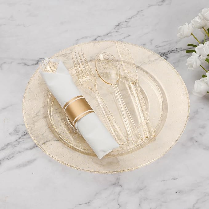 175 Piece Gold Glitter Plastic Dinnerware Set for 25 Guests | Disposable Dinnerware Includes: 25 Dinner Plates, 25 Dessert Plates, 25 Pre Rolled Napkins with Silverware, 25 Cups
