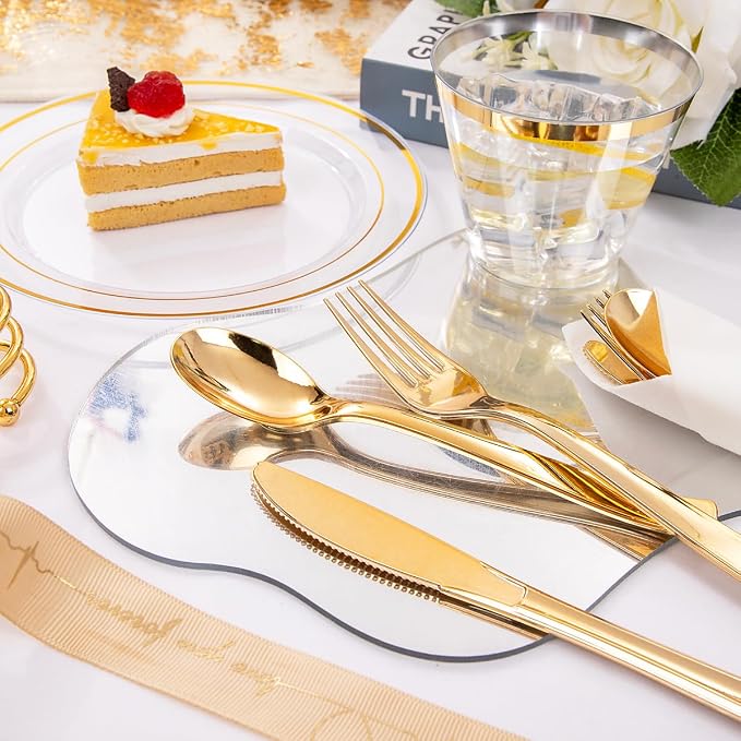 DaYammi 350PCS Clear Gold Plastic Dinnerware Set for 50 Guests Gold Plates Disposable Include: 50 Dinner Plates, 50 Dessert Plates,50 Pre Rolled Napkins with Gold Silverware,50 Cups for Party Wedding