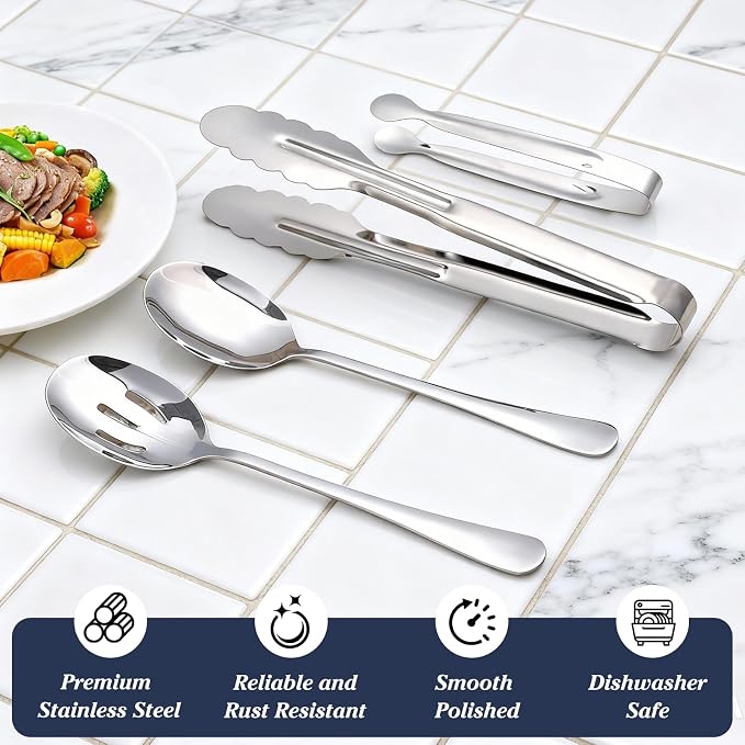 Mwellewm 18Pcs Serving Utensils Set Serving Tongs Serving Spoons for Buffet | Dishwasher Safe, Silver Stainless Steel Tableware, Metal Cutlery, for Parties Weeding Entertaining Catering Banquet Birthday