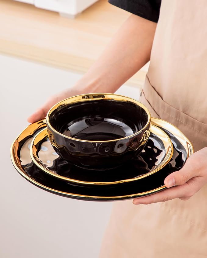LOVECASA 12 Pieces Plates and Bowls Sets, Porcelain Black and Gold Dinnerware Sets, Round Dinner Plates Dishes Set Service for 4, Dishwasher Safe and Scratch Resistant, Black