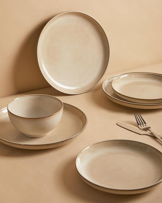 Stoneware Dinnerware Sets Service for 4, 12 pcs Reactive Glaze Plates and Bowls Sets, Handmade Ceramic Dish Set, Highly Chip and Crack Resistant Modern Plate Set, Mocha Beige