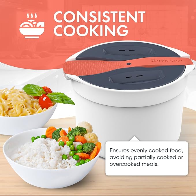 Microwave Rice Cooker Steamer and Pasta Cooker with Strainer - Mess-Free Design, Dishwasher Safe, Cooks Up to 8 Cups