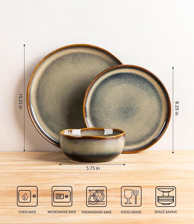 Ceramic Dinnerware Set for 8, 24-Piece Plates and Bowls Set | Handmade Reactive Glaze Dish Set, Scratch Resistant, Oven & Microwave & Dishwasher Safe, Coffee Bean