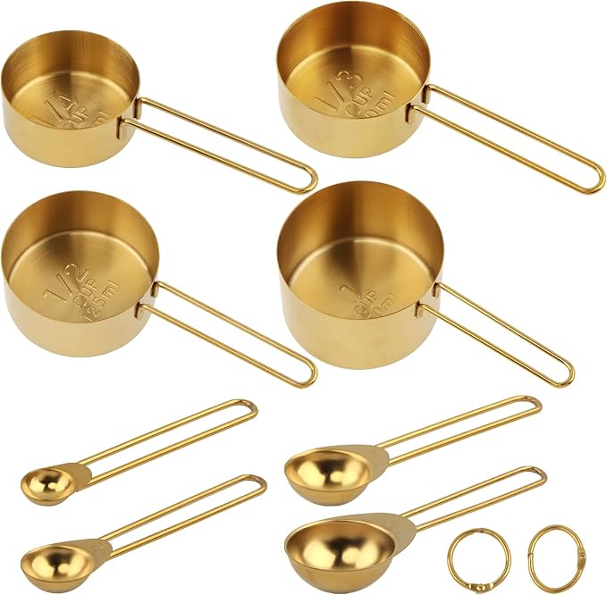 8pcs Measuring Cups and Spoons Set, Stainless Steel Measuring Cup Coffee Spoon Kitchen Gadgets, Stackable Measurin-g Cup Cooking Baking Accessories, Easy To Read(COLOR:gold)