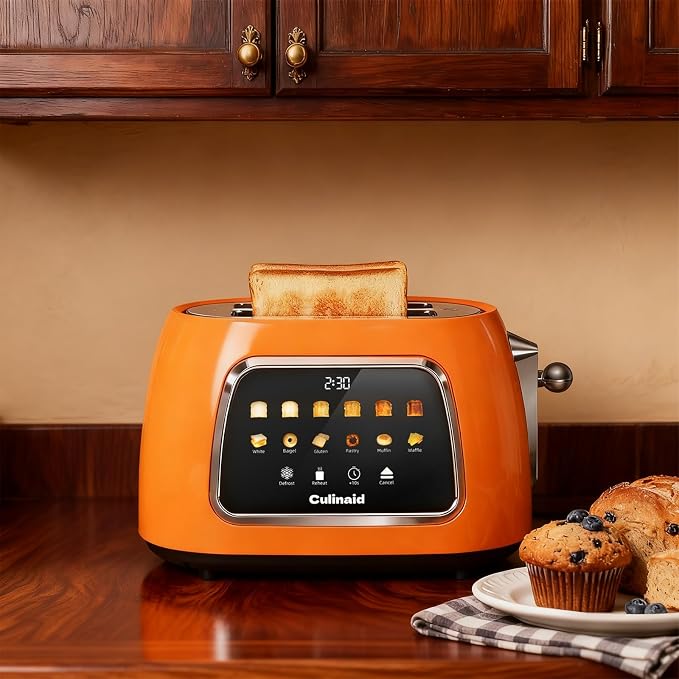 Toaster 2 Slice Smart Touch Screen, Retro 1.5'' Extra Wide Slot Stainless Steel Digital Bread Toaster with Memory Function, Bagel, Defrost, 6 Browning Level and Removable Crumb Tray, Orange