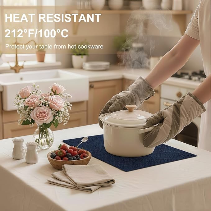 Faux Leather Heat Resistant Placemats 6 Packs, Waterproof Wipeable Dining PU Place Mats for Indoor & Outdoor, Easy to Clean, Dark Navy Blue