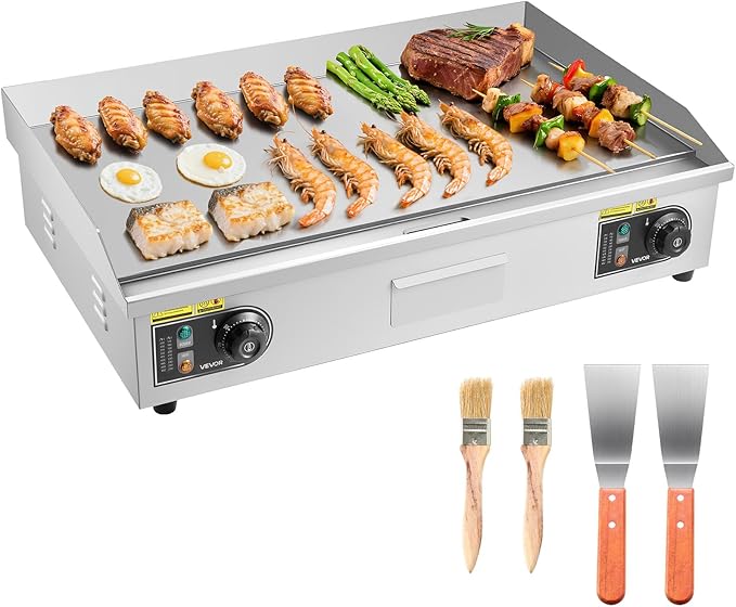 VEVOR Commercial Electric Griddle, 30" No Plug, Countertop Flat Top Griddle, Stainless Steel Teppanyaki Grill w/Iron Cooking Plate, 122-572℉ Adjustable Temp Control, 2 Shovels & Brushes