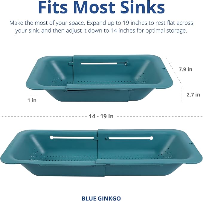 Blue Ginkgo Over Sink Colander, Extendable Kitchen Strainer, 2-Pack, Teal | Fits Most Sinks. Rinse, Drain and Dry with Ease.