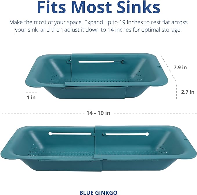 BLUE GINKGO Over the Sink Colander Strainer Basket - Wash Vegetables and Fruits, Drain Cooked Pasta and Dry Dishes - Extendable - New Home Kitchen Essentials (7.9 W x 14.5-19.5 L x 2.75 H) - Teal | Fits Most Sinks. Rinse, Drain and Dry with Ease.