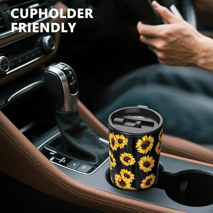 TILUCK 20 oz Insulated Coffee Tumbler with BPA-Free Lid | Travel Coffee Mug, Dishwasher Safe, Cup Holder Friendly, Double-Wall Vacuum Insulation for Hot & Cold Drinks, SunFlower