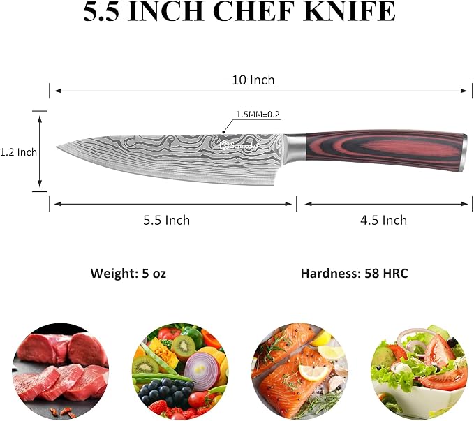 5.5 Inch Small Chef Knife - Ultra Sharp 12-15 Degree Edge Kitchen Knife for Meat Vegetable Cutting Japanese Style with Sheath, High Carbon Stainless Steel Blade, Cooking Father Day Gift