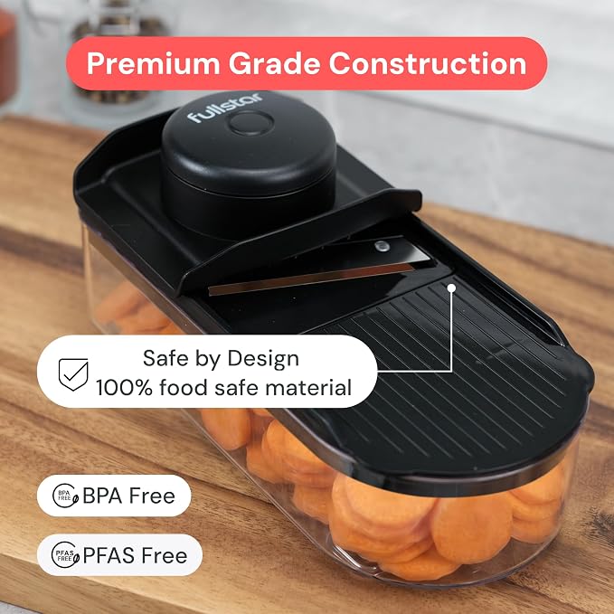 Fullstar Essential Mandoline Vegetable Slicer & Julienne Cutter | 2 in 1 Compact Fruit Cutter, Cucumber Slicer & Cheese Grater, with Stainless Steel Blades, Guard & 3-Cup Container (Black)
