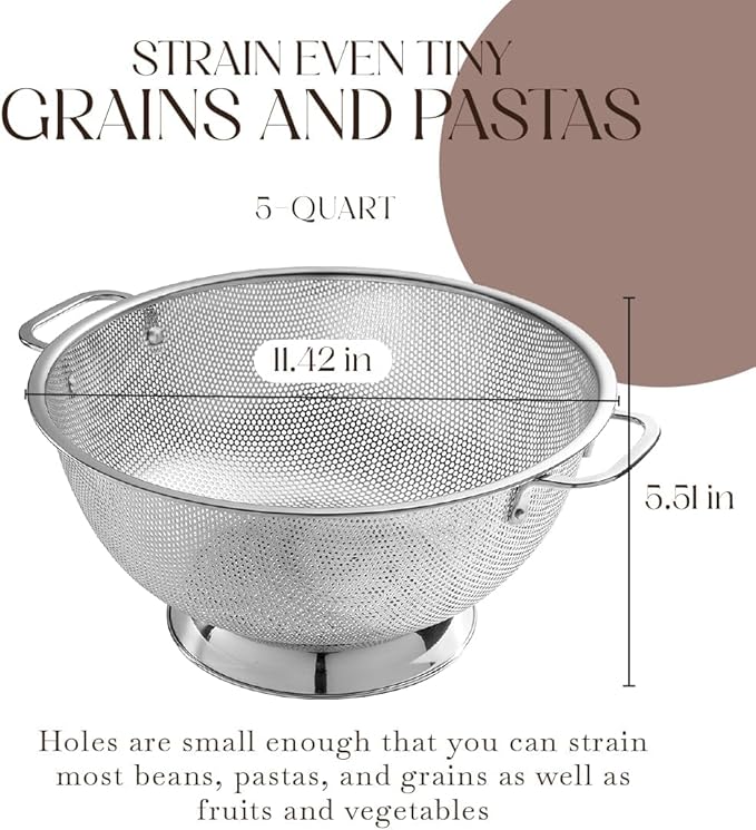 Bellemain Stainless Steel Colander for Kitchen, 5 Qt Pasta & Rice Strainer | Durable Highest Grade Premium Steel, Dishwasher Safe and Odor resistant Food Strainer, Lightweight Looped Handles